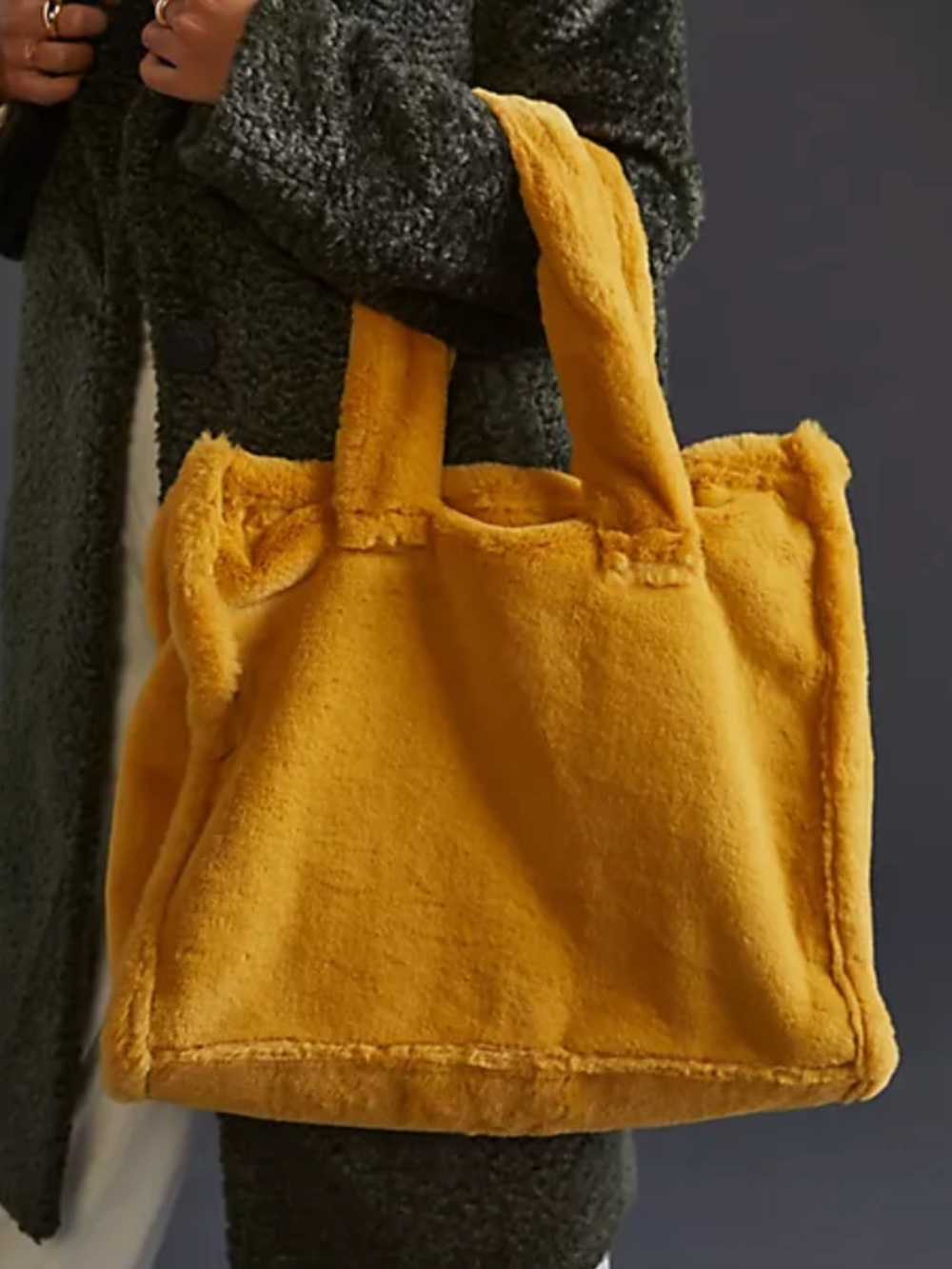 Anthropologie plush Faux Fur Puffer Tote Bag in Mustard Yellow.